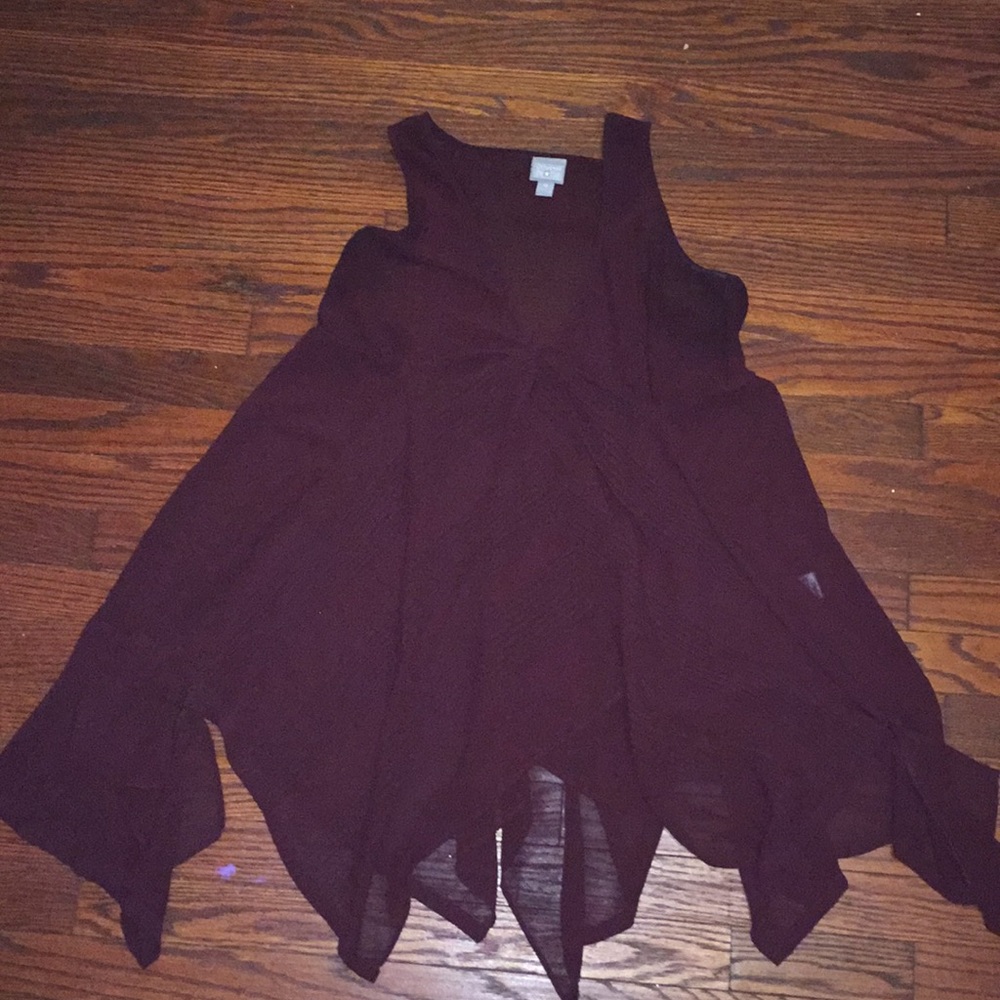 maroon flowy see through V neck